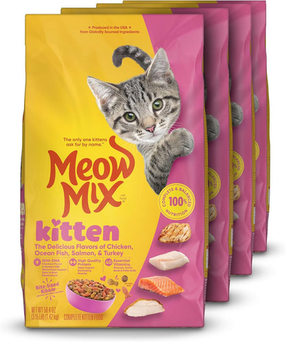 Meow Mix Kitten Li’L Nibbles Dry Cat Food for Kittens, 4 Bags | 3.15 Lb. Bags, Delicious Flavors of Chicken, Ocean Fish, Salmon and Turkey, Provides Complete and Balanced Nutrition1