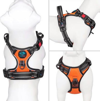 PHOEPET No Pull Dog Harness Medium Reflective Front Clip Vest with Handle,Adjustable 2 Metal Rings 3 Buckles,[Easy to Put on & Take Off](M, Orange)2