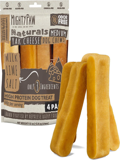 Mighty Paw Yak Chews, Long Lasting Hard Chew for Large Dogs, 4 Pack | Milk, Salt & Lime Juice, Grain-Free, Lactose-Free, Odor-Free, 68G Protein per Stick, Aggressive Chewers, Puppy Teething15
