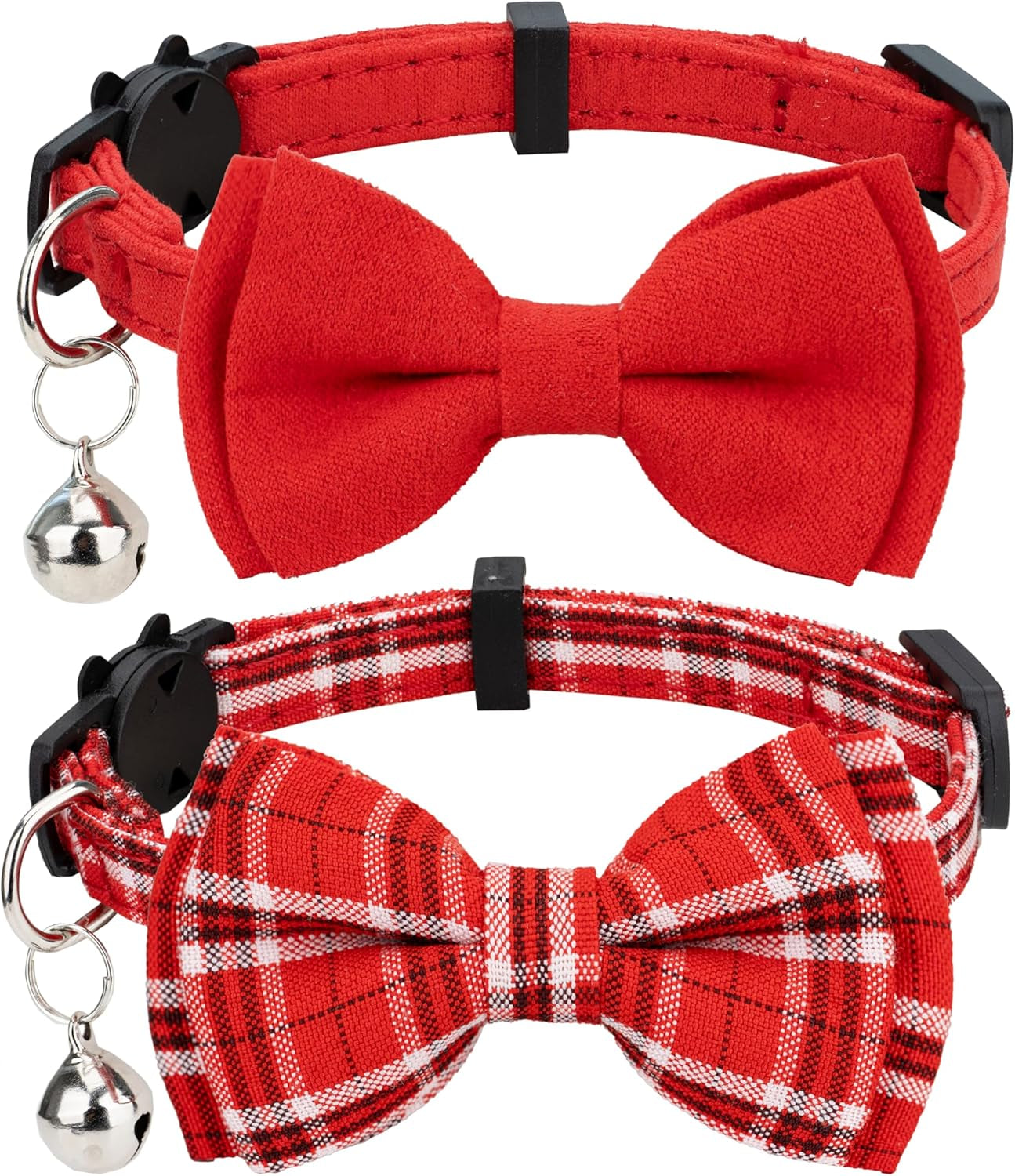 cat-collar-breakaway-bowtie-safety-with-bell-adjustbale-kitten-puppy-solid-plaid-color-set-d-2pcs-pink-2