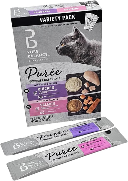 Pure Balance Chicken and Salmon Puree Cat Treats, 20 Tube Variety Pack, 10 Ounces1