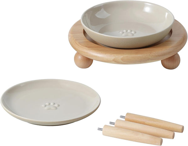 Havniva Elevated Cat Bowls, Cat Food and Water Bowl Set, Ceramic Cat Bowl | Raised Cat Food Bowls, Whisker Friendly, 5.6” Shallow Cat Dishes + 6” Wide Cat Plates, Non-Slip Wood Stand, Two Heights10