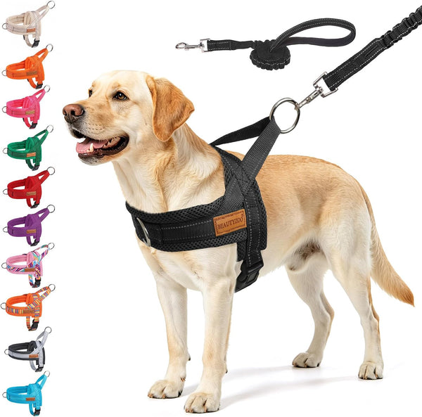 BEAUTYZOO Dog Harness No Pull, Quick Fit Dog Harness and Leash Set, Escape Proof Vest Harness with Soft Handle, Reflective Breathable Mesh Padding Harness for Medium Size Dog Training Walking, Beige M23