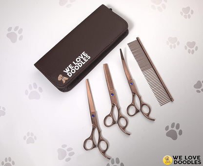 Dog Grooming Scissors Kit, 4 Pieces, Curved, Straight & Thinning Shears Set | Professional Dog Grooming Shears for at Home Doodle & Poodle Hair, Pet Face & Paw Scissors for Goldendoodle, Stainless Steel2