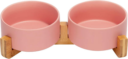 SPUNKYJUNKY Ceramic Dog and Cat Bowl with Wood Stand Non-Slip Matte Glaze Weighted Food Water Set for Cats &Small Dogs 13.5OZ30