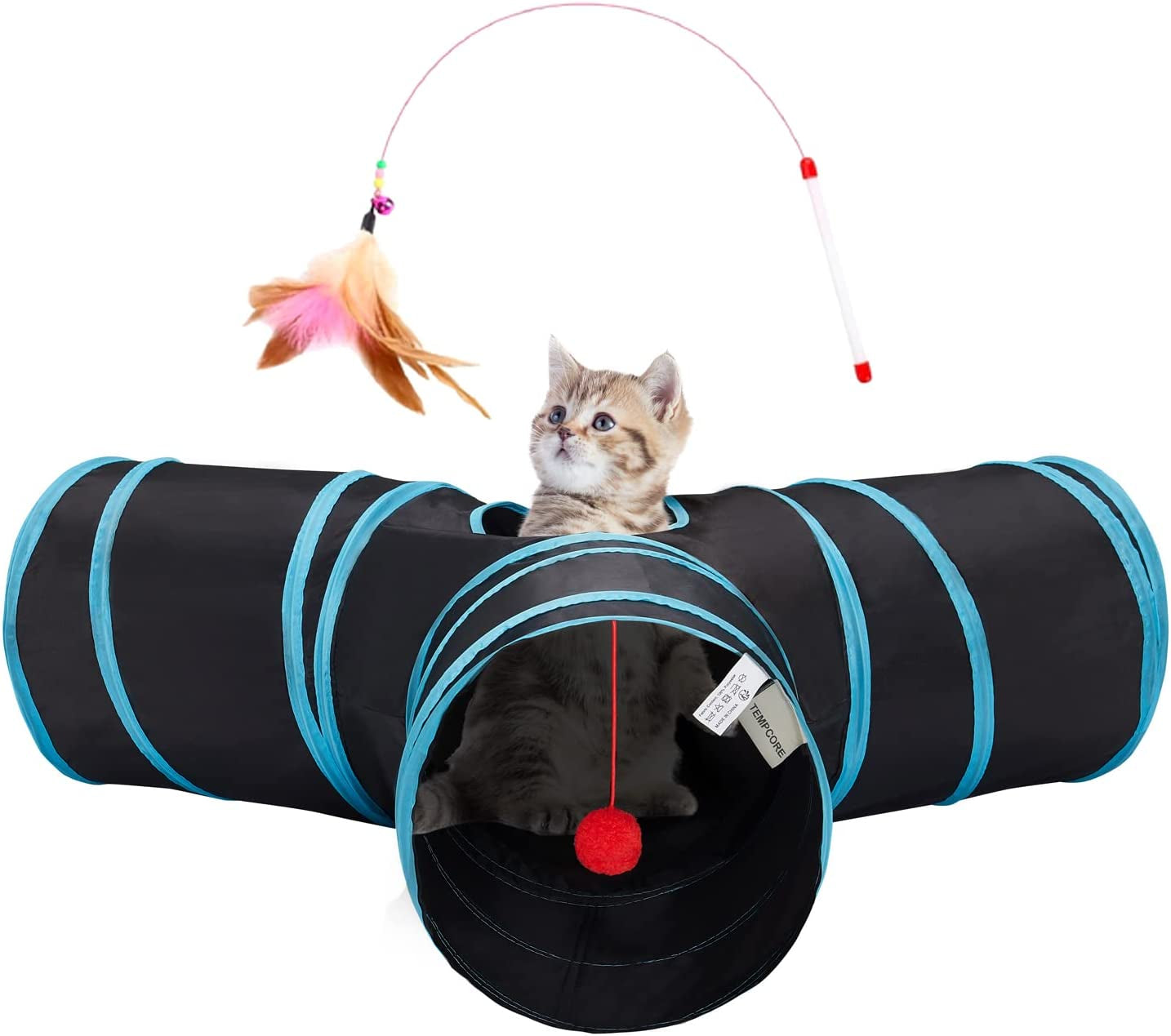 tempcore-pet-cat-tunnel-tube-toys-3-way-collapsible-tunnels-for-indoor-cats-interactive-tube-with-teaser-wand-peek-holes-hanging-ball-black-blue