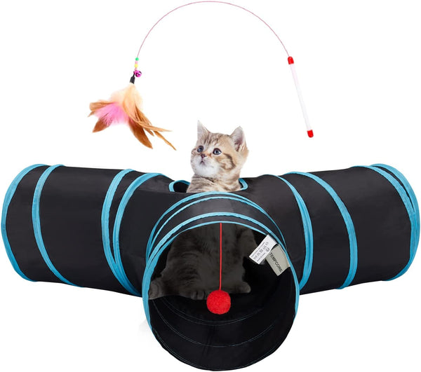 Tempcore Pet Cat Tunnel Tube Toys 3 Way Collapsible, Tunnels for Indoor Cats, Interactive Tube with Teaser Wand, Peek Holes & Hanging Ball, Black & Blue1