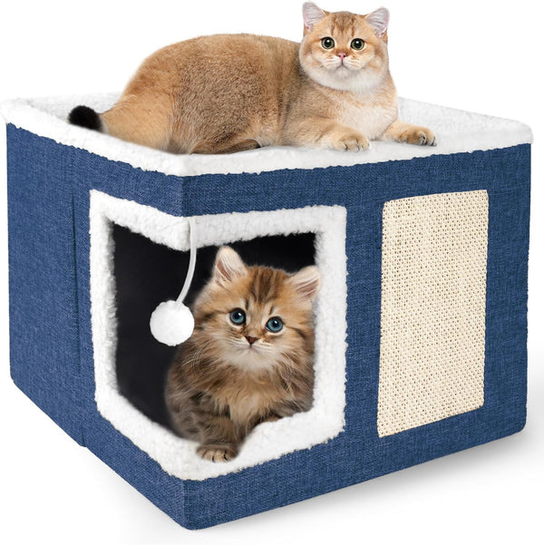 Loyareal Cat Houses for Indoor Cats - Large Cat Bed Cave with Scratch Pad and Fluffy Ball, Foldable Cat Condo Hideaway with Reversible Cushion for Multi Small Pet, Dark Grey9
