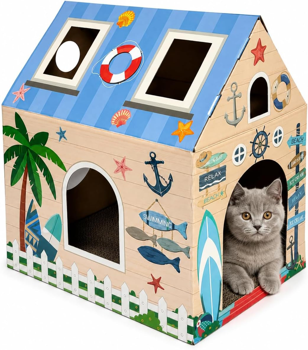 cinrobiye-cardboard-cat-house-with-scratcher-indoor-cat-condo-cat-cave-hideout-with-scratch-pad-cardboard-cat-playhouse-bed-for-cats-kittens-rabbits-small-pets-mushroom