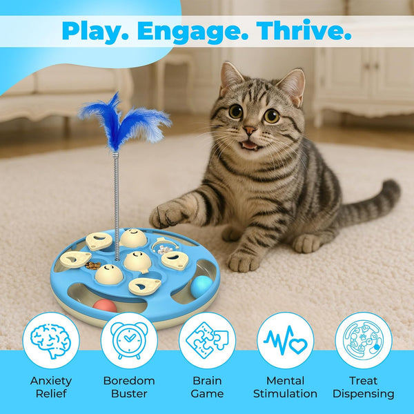 3 in 1 Cat Treat Puzzle Feeder, Level 3 Interactive Cat Puzzle Toy with Track Balls, Feather Teaser & Slow Feeder Insert, Non-Slip Base, Mental Stimulation for Bored Indoor Cats, Blue2
