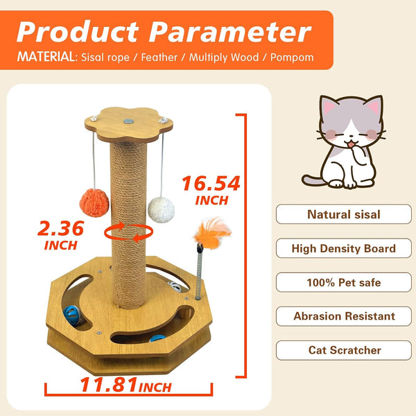 Cat Scratching Post with Vertical Scratcher and Tracking Interactive Toy for Kittens,4 in 1 Cat Scratcher Toy with Cat Ball Tracks,16.6" Tall with Interactive Feather5
