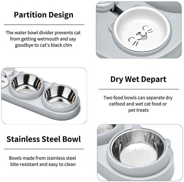 Marchul 3 in 1 Cat Bowl, Cat Food and Water Bowl Set with Water Dispenser and Stainless Steel Bowls, 15° Tilted Pet Raised Three Bowls for Indoor Cats, Small or Medium Sized Dogs2
