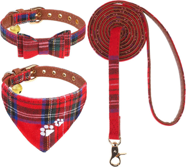 EXPAWLORER Puppy Collar and Leash Set - Embroidery Pawprints Plaid Dog Collar and Dog Leash Set, Bow Tie and Bandana Dog Collar with Bell, Cute Collar and Leash for Dogs Cats Outdoor Walking, Blue S12