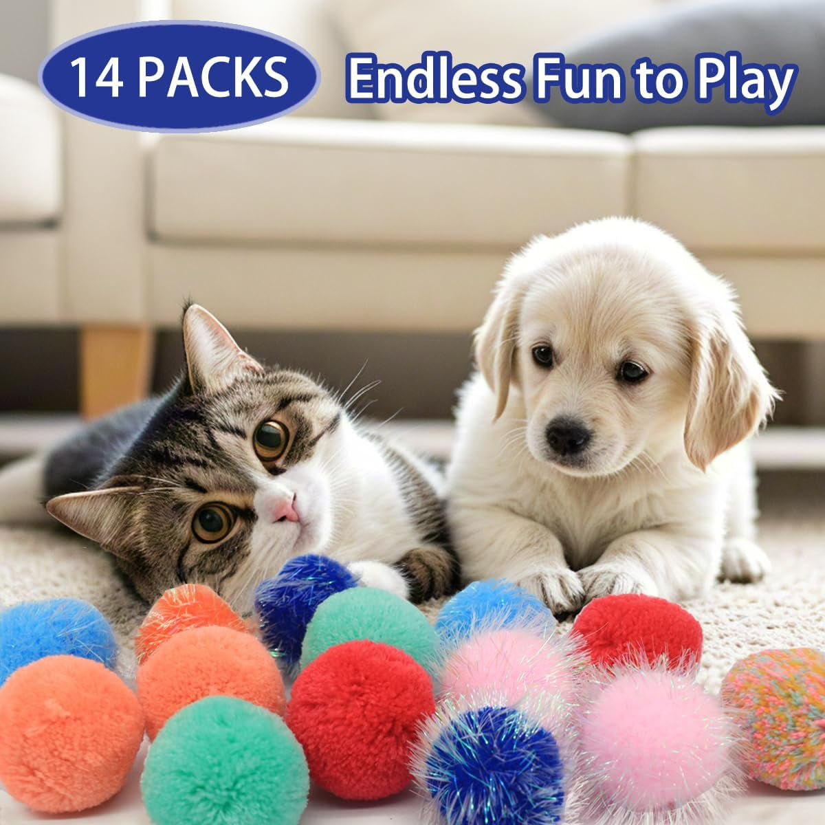 14-pack-cat-toys-balls-no-bells-quiet-interactive-toys-soft-pom-poms-sparkle-balls-for-kittens-adult-cats-safe-for-batting-chasing-7-sparkle-fuzzy-balls-7-yarn-balls