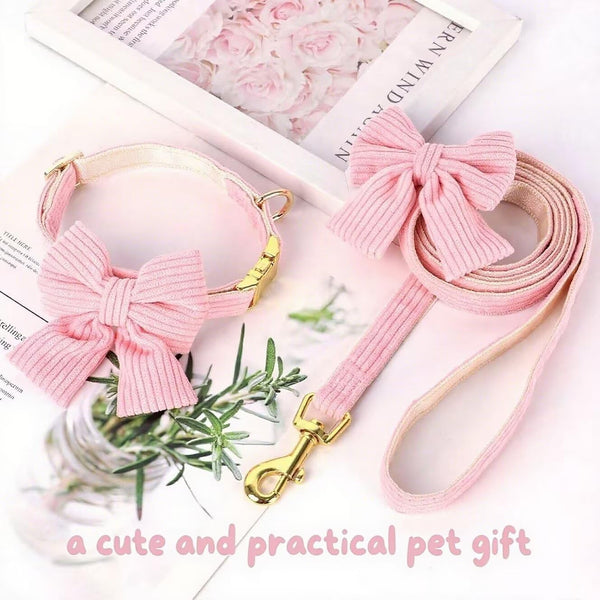 Dog Collar and Leash Set with Bowtie, Soft & Cute Puppy Collar, Cotton Puppy Collar with Adjustable Metal Buckle for Small, Medium Dog (Pink, Size S: Neck 10"-16")7