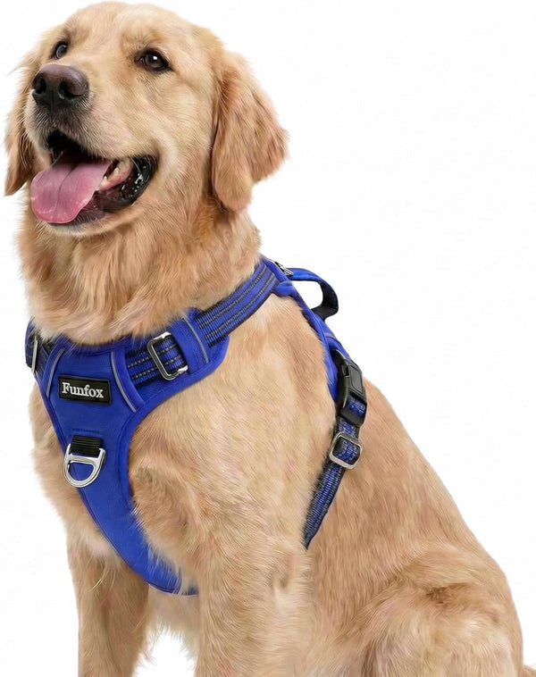 Funfox Dog Harness Medium Sized Dog, Vertical Handle Easy Control, No Pull Pet Vest Adjustable with 2 Leash Clips, Soft Material, Reflective Safe Night Walking for Small Medium Large Breed, Black, M45