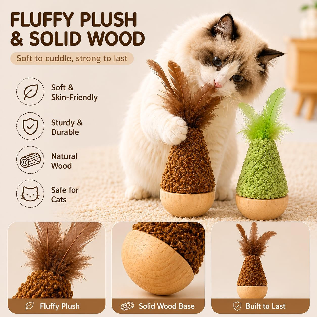 2-pack-interactive-self-righting-wobble-cat-toy-with-feather-fluffy-plush-wooden-tumbler-for-bored-adult-indoor-cats-silent-self-play-cat-enrichment-toy-green-brown