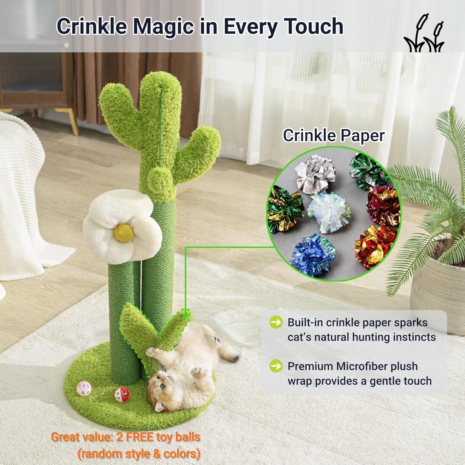 happi-n-pets-33-tall-cactus-cat-scratching-post-for-large-cats-heavy-duty-double-scratch-posts-with-flower-crinkle-leaves-cactus-cat-tree-with-2-bonus-toy-catnip-green-stable-scratching-post
