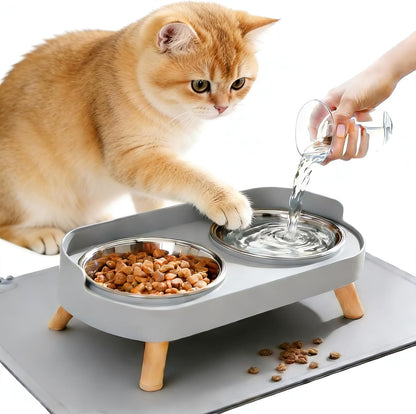Elevated Cat Bowls with Food Mat, Splash Proof anti Vomiting Raised Cat Food and Water Bowl Set, 2 Stainless Steel Dishes for Cats and Puppy, Pet Bowl for Indoor Cats White10