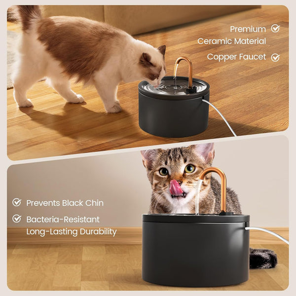 MISFANS Ceramic Cat Water Fountain, All-Ceramic Body, Pure Copper Spout | 2.1L/71Oz Capacity, under 20Db Pump, Dual Filtration, Faucet and Fountain Modes, Easy-Clean Unit, 3 Filters and Sponge, Black4