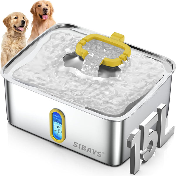 SIBAYS 4Gal/15L Dog Water Fountain for Large Dogs, Stainless Steel Large Pet Water Fountain, Ultra Quiet Automatic Dog Water Bowl Dispenser with Water Level Window and LED Light(Fs78, Silver-Grey)10
