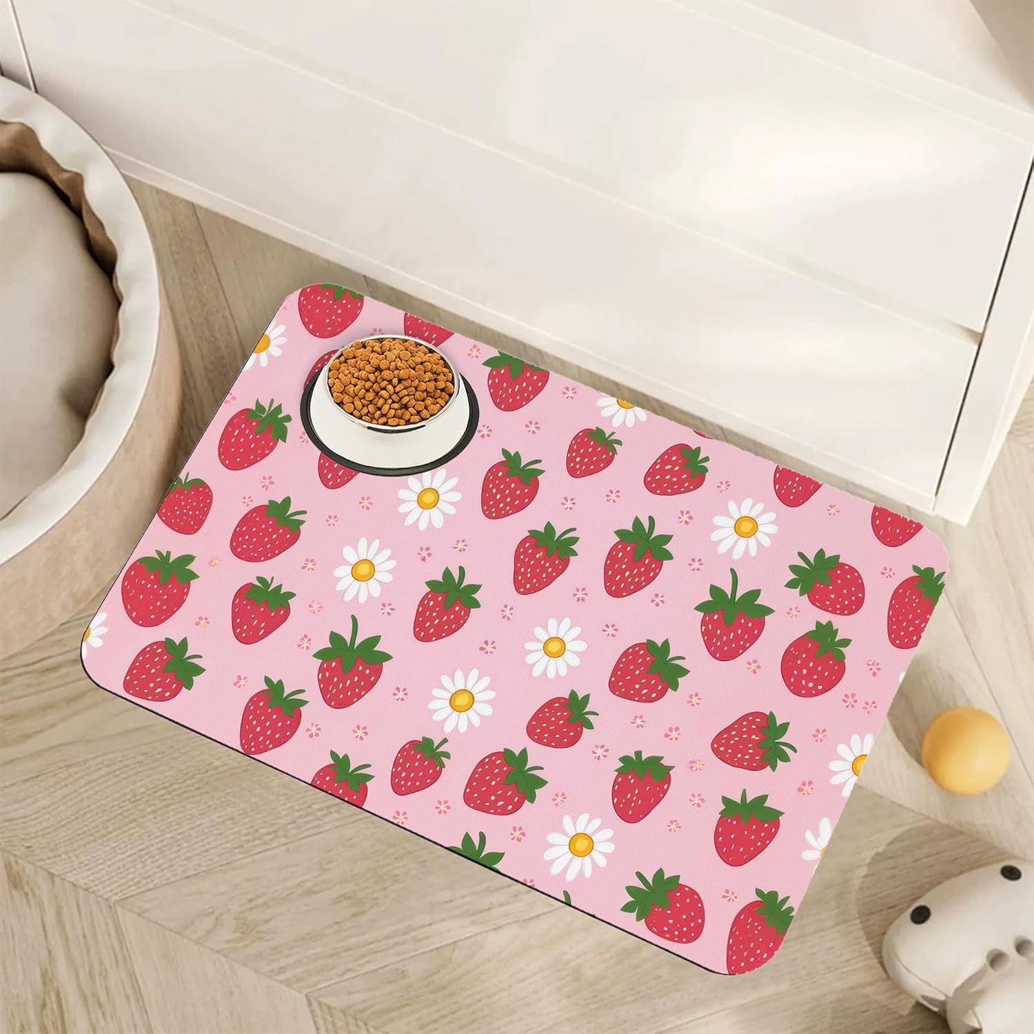 cute-strawberry-flower-dog-cat-food-mat-pink-absorbent-pet-feeding-mat-with-rubber-backing-non-slip-water-bowl-placemat-indoor-pet-accessories-supplies-12x20
