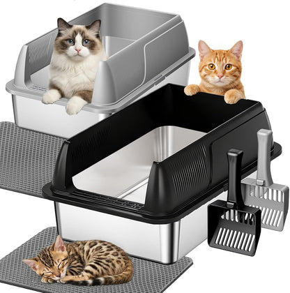 Gimars 2 Pack XL Stainless Steel Cat Litter Box for Big & Senior Cats, Multi-Cat Metal Litter Pan with High Sides, Odor-Resistant & Easy Clean, Includes Litter Scoop, Litter Mat & Anti-Slip Pads9