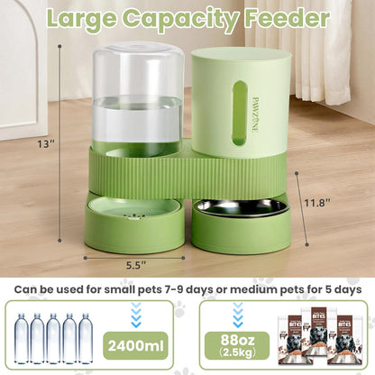 Automatic Cat Feeder Stainless Steel Water Dispenser Gravity Food Feeder and Waterer Set with Pet Food Bowl for Small Medium Kitten Puppy Pets Large Capacity(Green)2