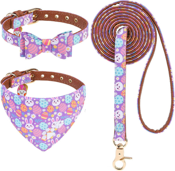 EXPAWLORER Puppy Collar and Leash Set - Embroidery Pawprints Plaid Dog Collar and Dog Leash Set, Bow Tie and Bandana Dog Collar with Bell, Cute Collar and Leash for Dogs Cats Outdoor Walking, Blue S20
