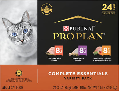 Purina Pro Plan Gravy, High Protein Wet Cat Food Variety Pack, Complete Essentials Chicken and Turkey Favorites - (Pack of 24) 3 Oz. Cans1