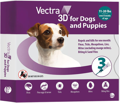 Vectra 3D Flea and Tick Prevention for Small Dogs 11-20 Lbs, 3‑Month | Kills and Repels Fleas, Ticks & Mosquitoes | Fast‑Acting, Waterproof, No Prescription Needed1