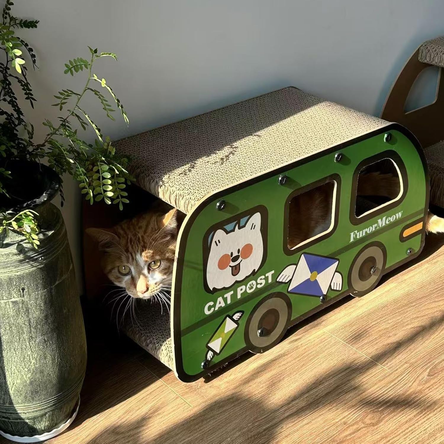 cat-scratching-house-cat-cardboard-house-green-bus-long-scratching-post-9x11-8x22-inches-fun-cube-tunnel-peekaboo-hideaway-for-indoor-cats