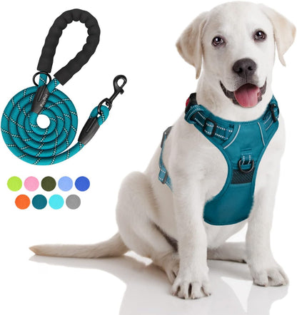 Poypet No Pull Dog Harness and 5 Feet Leash Set, Release on Neck Reflective Adjustable Pet Vest, Front & Back 2 D-Ring and Soft Padded Pet Harness with Handle for Small to Large Dogs(Grey,L)15