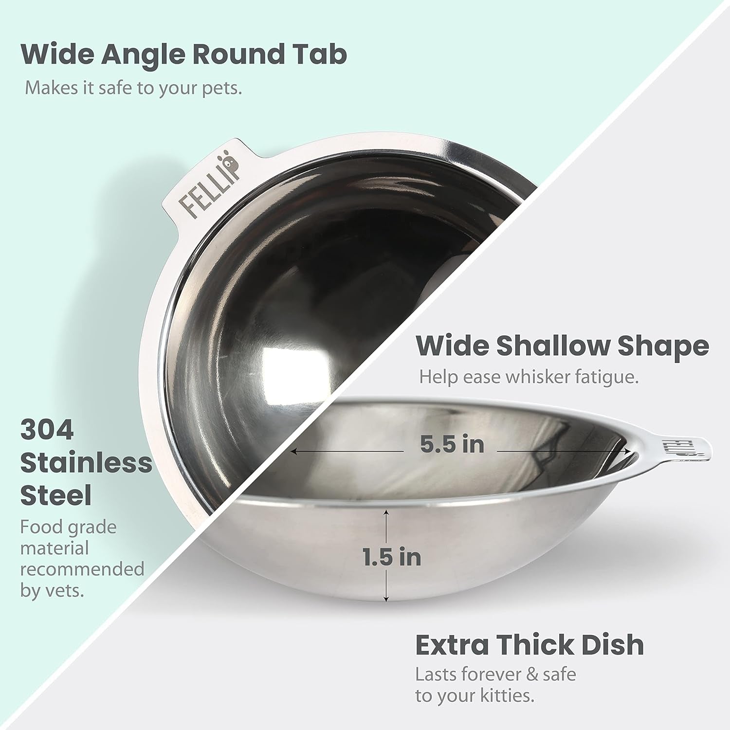 felli-oblik-elevated-cat-bowl-removable-stainless-steel-wide-dish-for-dry-wet-food-feeding-dishwasher-clean-slanted-whisker-fatigue-friendly-metal-plate-classic-0-5-cups-shallow-dish