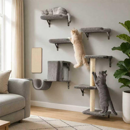 Cat Wall Shelves for Large Cats, Stable & Safe Kitty Walls Furniture Set for 40LBS Cats with Wooden Cat Climber,House, Bridge, Tree, Steps, and Scratcher for 16 Inch Drywall (Grey, 5-In-1)1