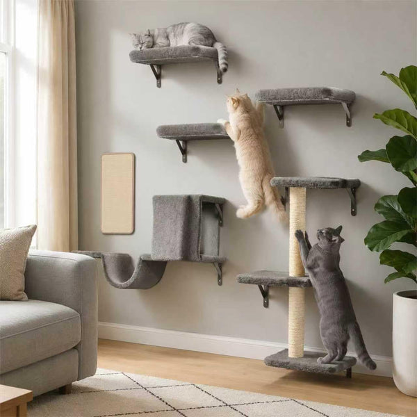 Cat Wall Shelves for Large Cats, Stable & Safe Kitty Walls Furniture Set for 40LBS Cats with Wooden Cat Climber,House, Bridge, Tree, Steps, and Scratcher for 16 Inch Drywall (Grey, 5-In-1)1