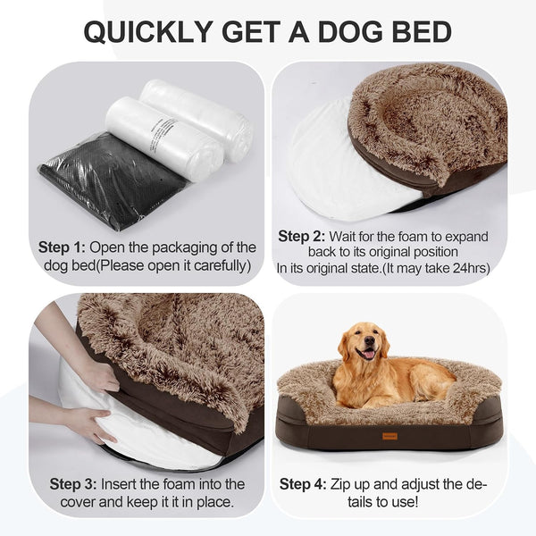 Iweepet Fluffy Orthopedic Dog Beds for Large & Extra Large Dogs, 44" Dog Sofa Bed with Supportive 28D Egg-Crate Foam, Removable Washable Cover, Waterproof Lining, for Puppy,Senior,Sick,Brown7