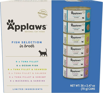 Applaws Fish Variety in Broth Wet Cat Food, 3-Flavor 12-Pack 2.47 Oz Cans | 100% Natural, High Quality Ingredients, High Protein, No Artificial Additives, Limited Ingredients12
