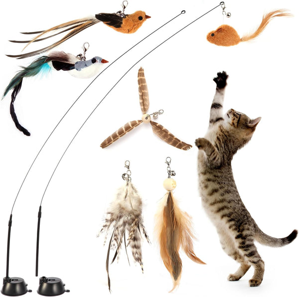 Interactive Bird Simulation Cat Toy Set | Cat Wand Toys,Includes 2 Self-Holding Suction Cup Bases and 6 Detachable Replacement Feather Toys1