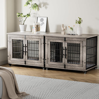 Medium Dog Crate Furniture, 32'' Heavy Duty Kennel W/Cushion & Wheels | Grey, Double Doors, Wooden Dog Cage, Chew-Resistant, End Table, Decorative, 27"/32"/38"/44" Options, Indoor9