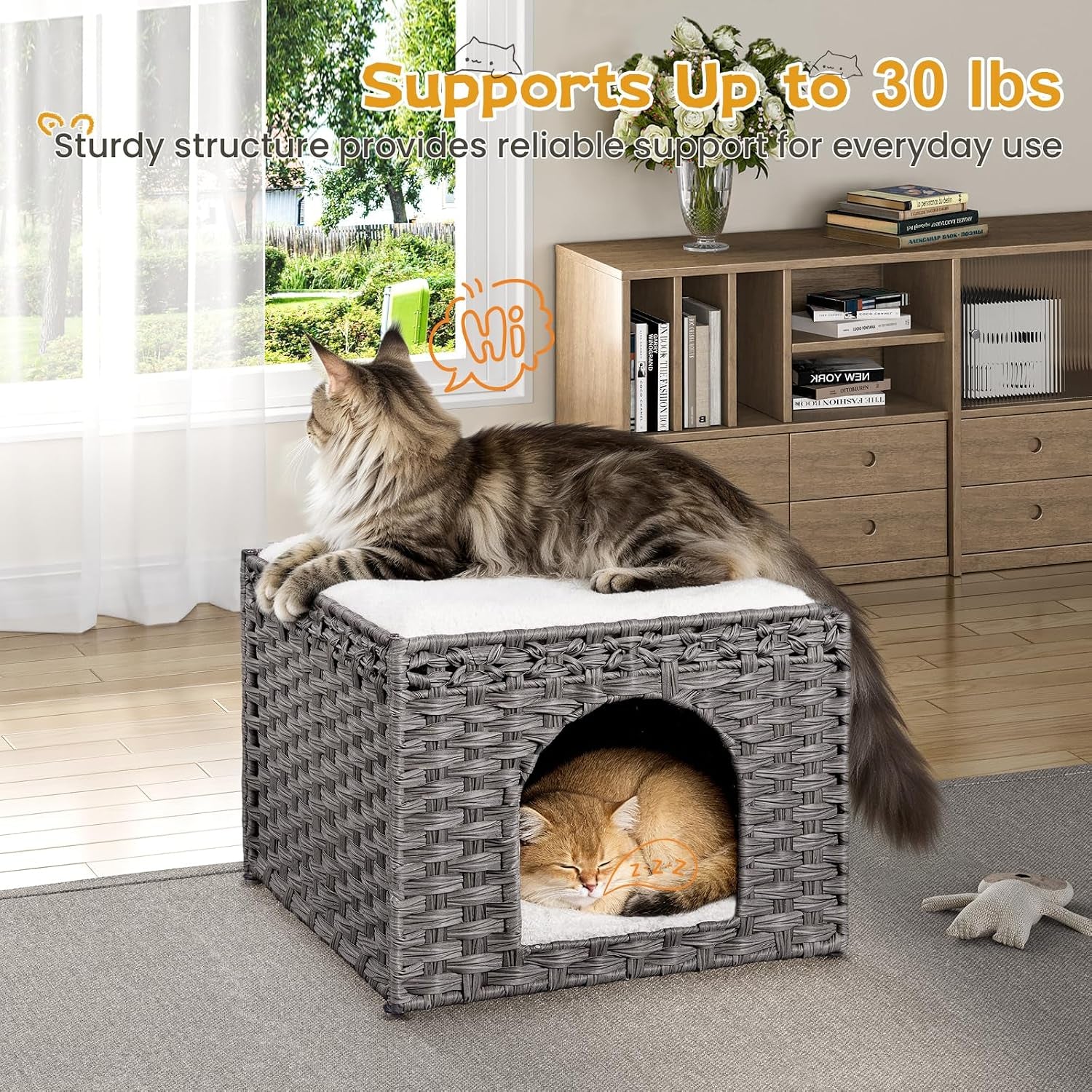 snughome-handwoven-rattan-cat-house-indoor-foldable-cat-bed-cave-with-2-removable-bed-mats-large-kitten-house-hideaway-pet-cube-16-54-x-16-54-x-12-6-inches-grey-for-living-room-bedroom
