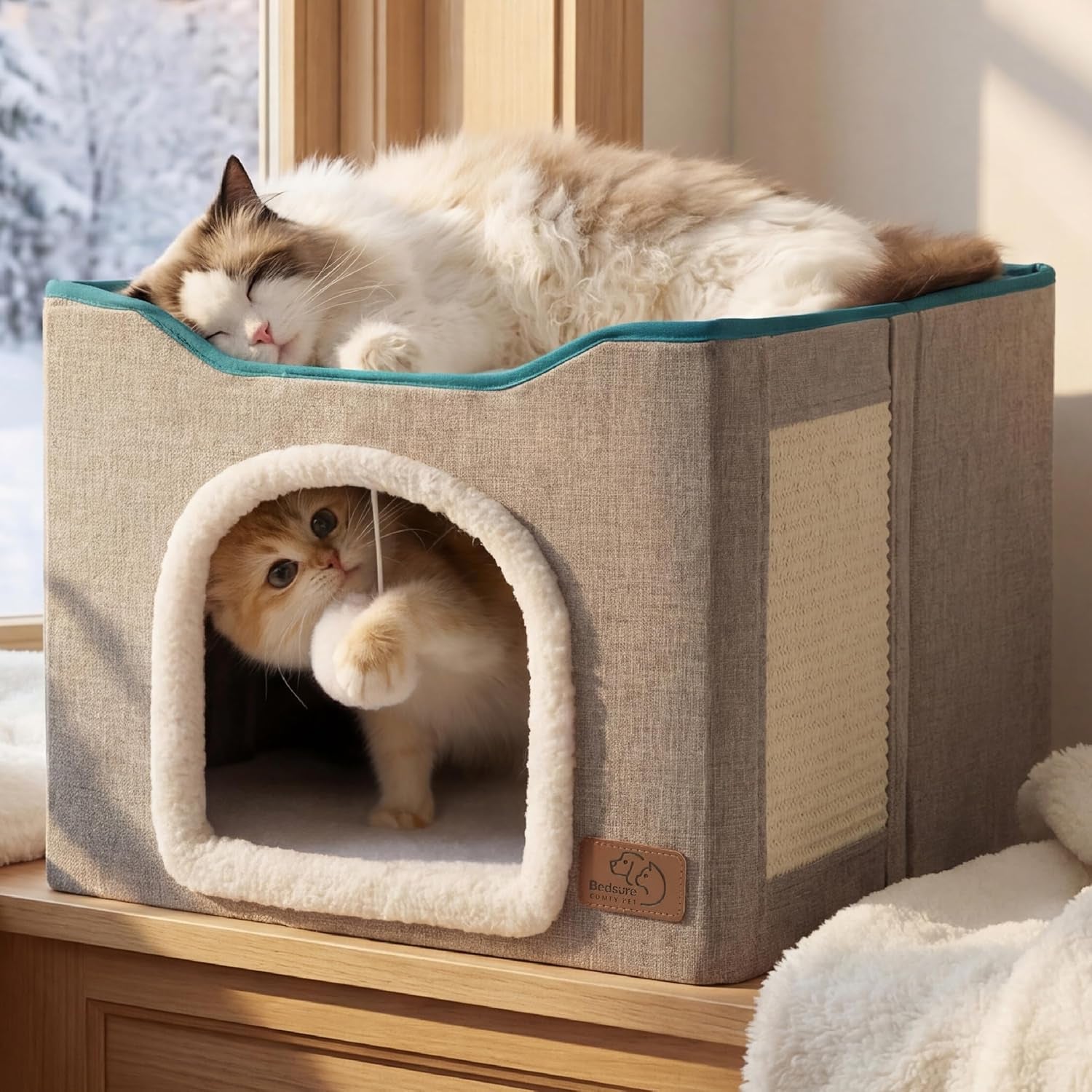 bedsure-cat-house-bed-for-indoor-cats-with-fluffy-ball-and-scratch-pad-grey-16-5x16-5x13-in-large-cat-cave-for-multiple-pets-foldable-cat-hideway-cube-for-sleeping-kitten