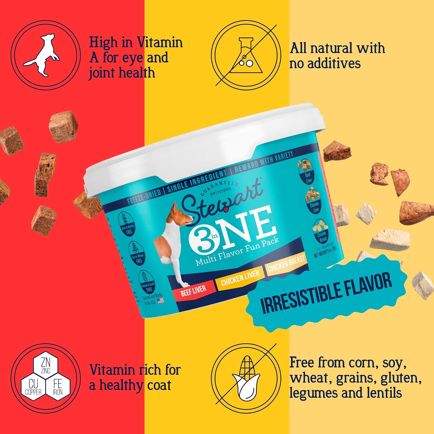 stewart-freeze-dried-dog-treats-three-flavor-variety-pack-9-oz-tub-premium-quality-raw-protein-single-ingredient-high-protein-training-treats-food-topper-no-refrigeration-cat-friendly