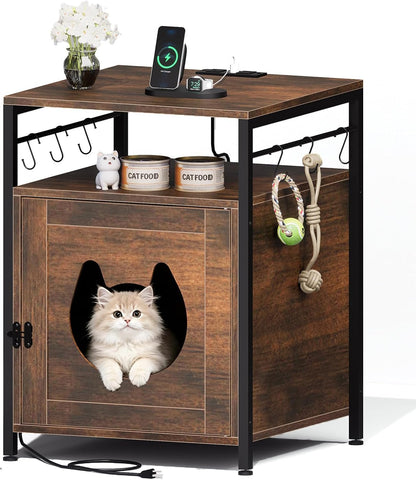 Large Cat Bed Nightstand with Charging Station, Cat Litter Box Furniture, End Side Table with Cat House1