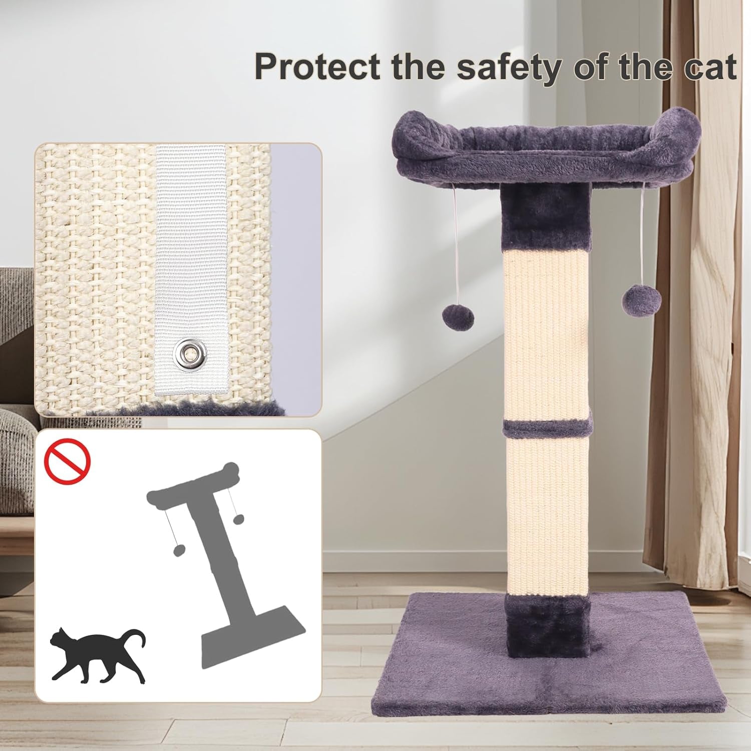 34-cat-scratching-post-for-indoor-cats-sisal-cat-scratcher-with-large-plush-perch-vertical-posts-with-elevated-bed-and-with-two-dangling-balls-removable-washable-cover-dark-grey