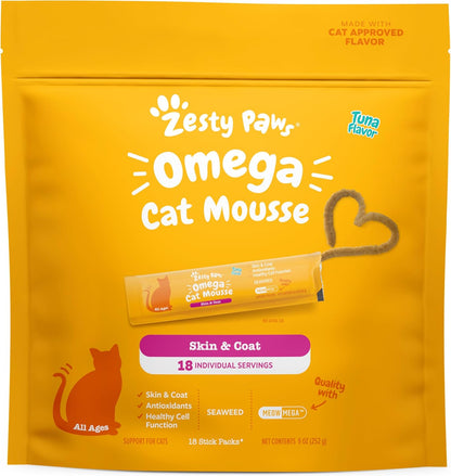 Zesty Paws Omega Cat Mousse Squeezable Cat Supplement - with Seaweed, Omega Fatty Acids, Antioxidants Vitamins & Minerals - Skin & Coat Support for Cats - Tuna Fish Flavor - 18 Count1