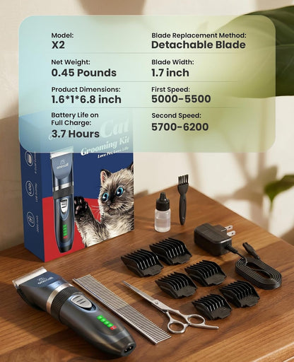 Oneisall Quiet Cat Clippers for Matted Hair & Long Hair, Cat Shaver | Cordless Cat Grooming Kit, LCD Display, 6 Guard Combs, 240-Min Runtime, 2-Speed Low Noise Trimmer for Cats & Small Dogs9
