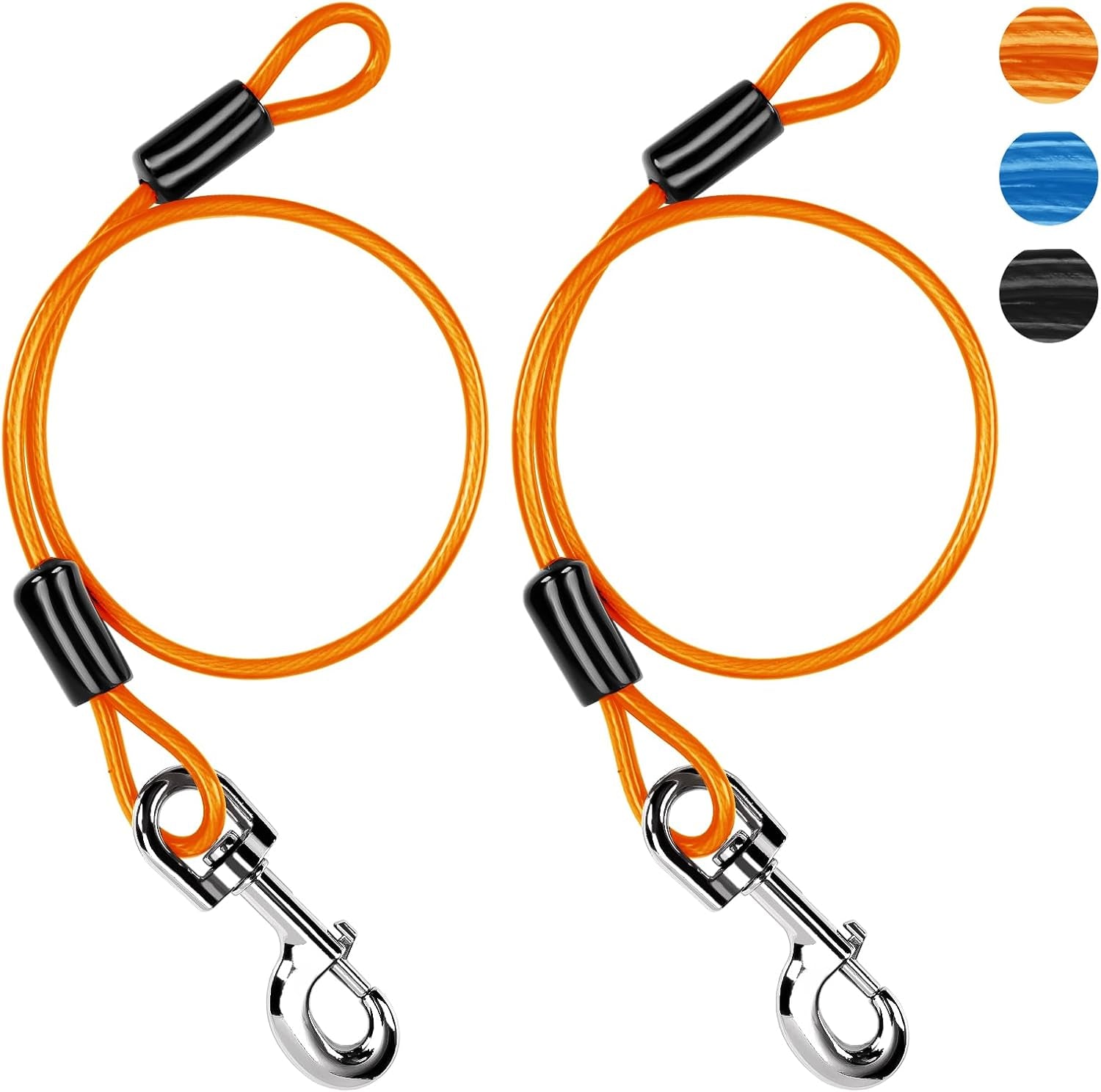 chew-proof-dog-leash-extender-2ft-5mm-metal-lead-extension-360-tangle-free-for-walking-training-puppies-fits-small-medium-large-dogs-collar-harness-compatible-black-orange-blue