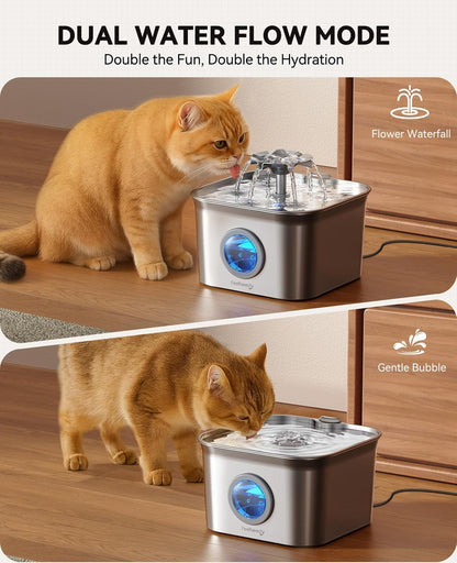 Stainless Steel Cat Water Fountain, 2.8L with 20Db Ultra-Quiet Pump- Ideal for Timid Pets, LED Water Level Window, Dishwasher Safe, 24/7 Circulation- Includes 3 Replacement Filters6