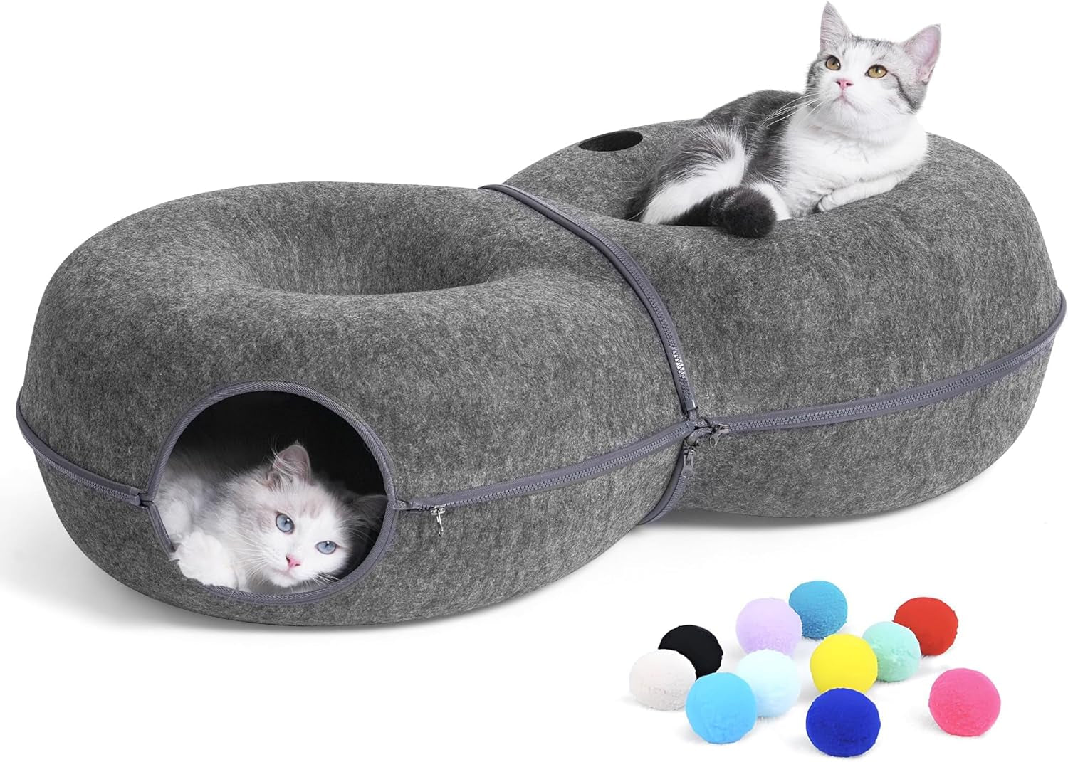 8-shaped-large-cat-tunnel-bed-for-indoor-cats-infinite-circulation-peekaboo-cat-cave-with-12-toy-balls-cat-donut-tunnel-for-cats-up-to-30-pounds-dark-grey-l-38x24x11in